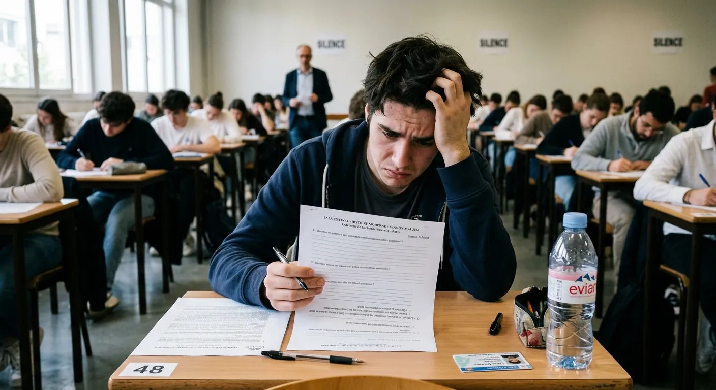 Étudiant bloqué et stressé pendant un examen, la main dans les cheveux devant sa copie