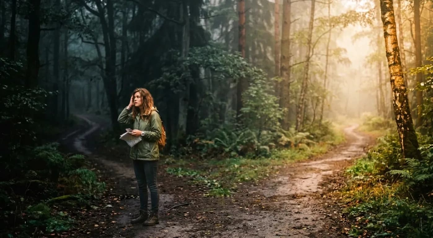 Femme perdue à la croisée des chemins dans une forêt brumeuse, une carte à la main, cherchant sa direction