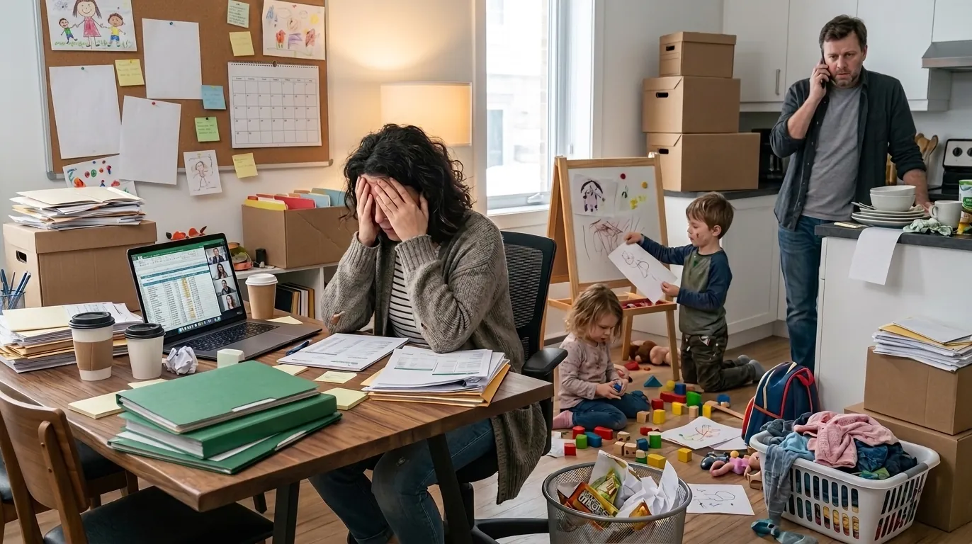 Mère débordée par la charge mentale, submergée entre travail sur ordinateur, papiers et enfants à gérer à la maison